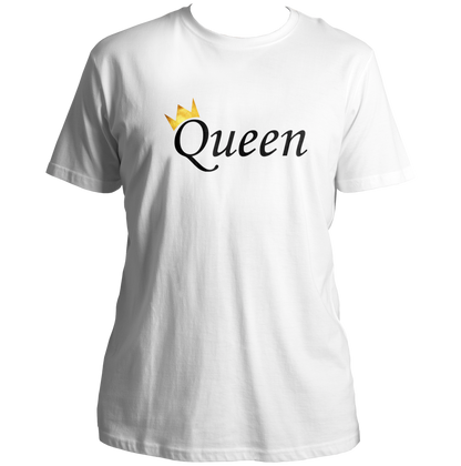 White Queen Unisex T-Shirt with Queen typography and golden crown graphic