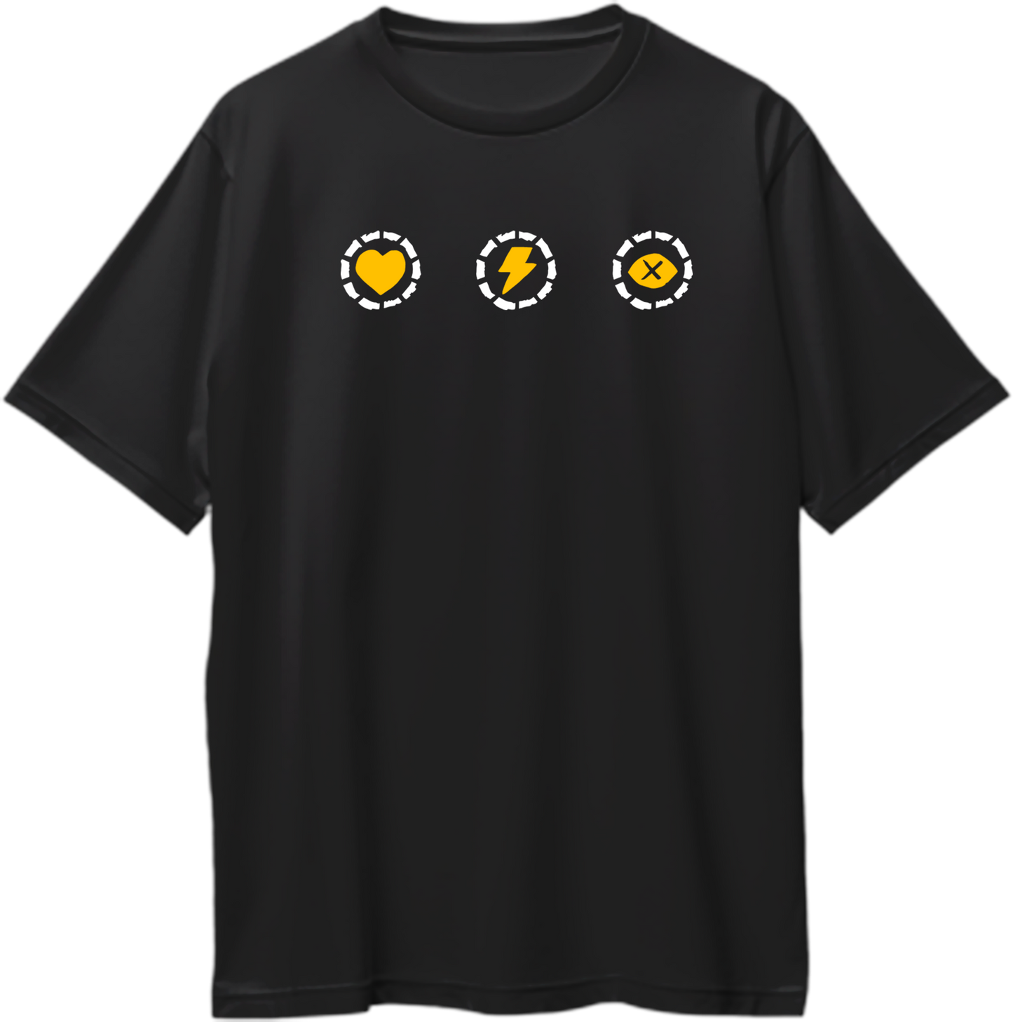 Black oversized t-shirt with three yellow icons of heart, lightning, and cross — inspired by RDR2 health, stamina, and dead-eye cores