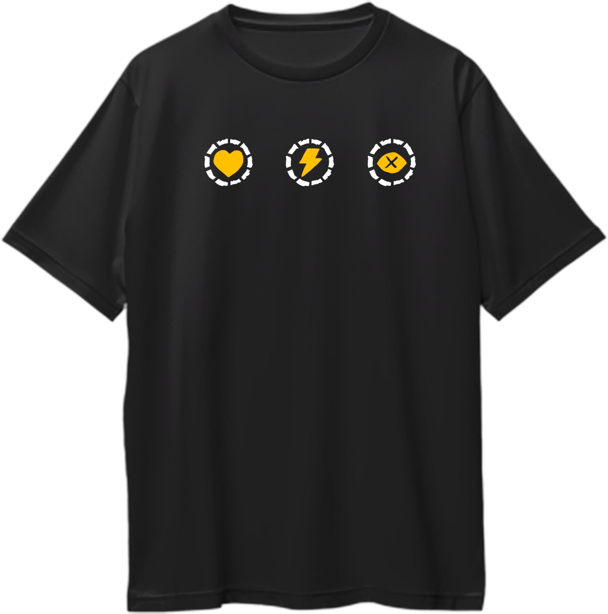 Black oversized t-shirt with three yellow icons of heart, lightning, and cross — inspired by RDR2 health, stamina, and dead-eye cores