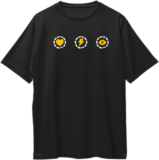 Black oversized t-shirt with three yellow icons of heart, lightning, and cross — inspired by RDR2 health, stamina, and dead-eye cores