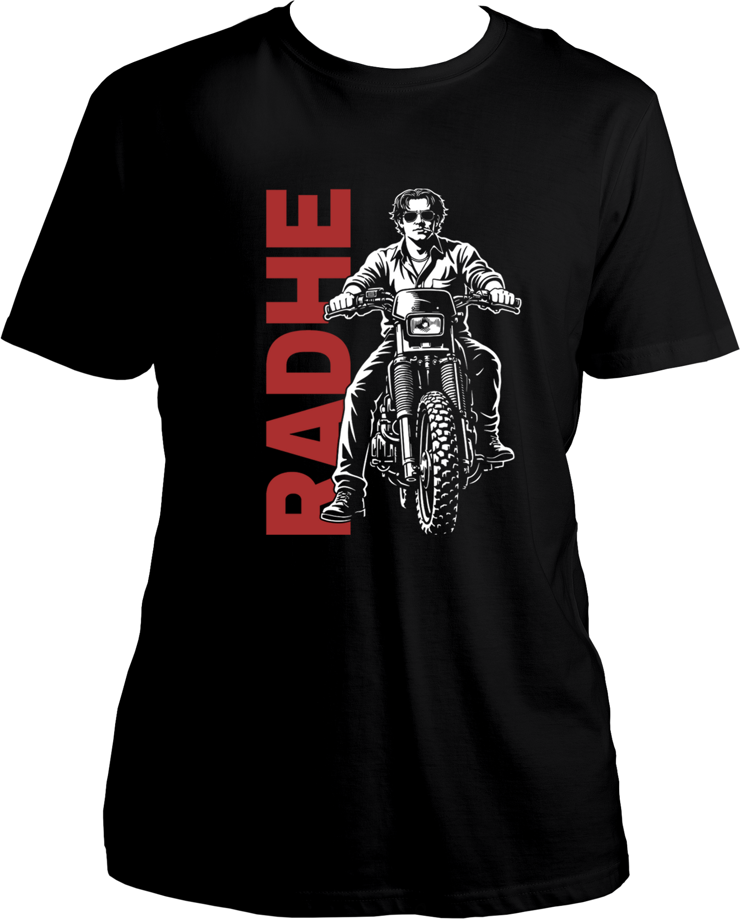 Radhe Tere Naam unisex black t-shirt with motorcycle graphic