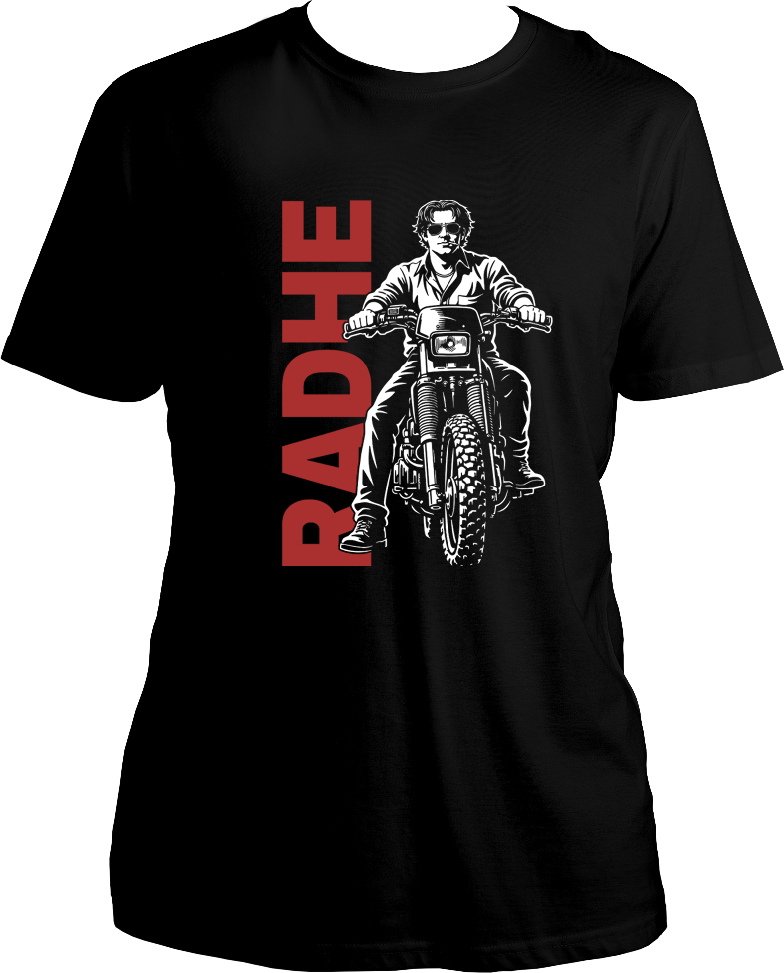 Radhe Tere Naam unisex black t-shirt with motorcycle graphic