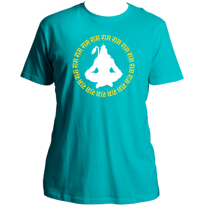 Aqua Blue Shree Ram Dhun T-shirt with Hanuman Ji and circular Ram Naam artwork by Garrari