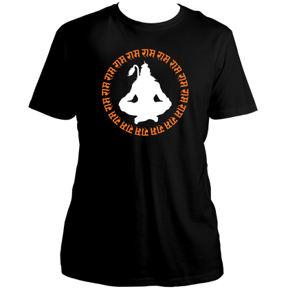 Black Shree Ram Dhun T-shirt with Bajrangbali meditation silhouette and राम नाम circle by Garrari