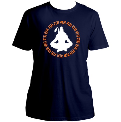 Navy Blue Shree Ram Dhun T-shirt with Ram Naam circle and Hanuman Ji silhouette by Garrari
