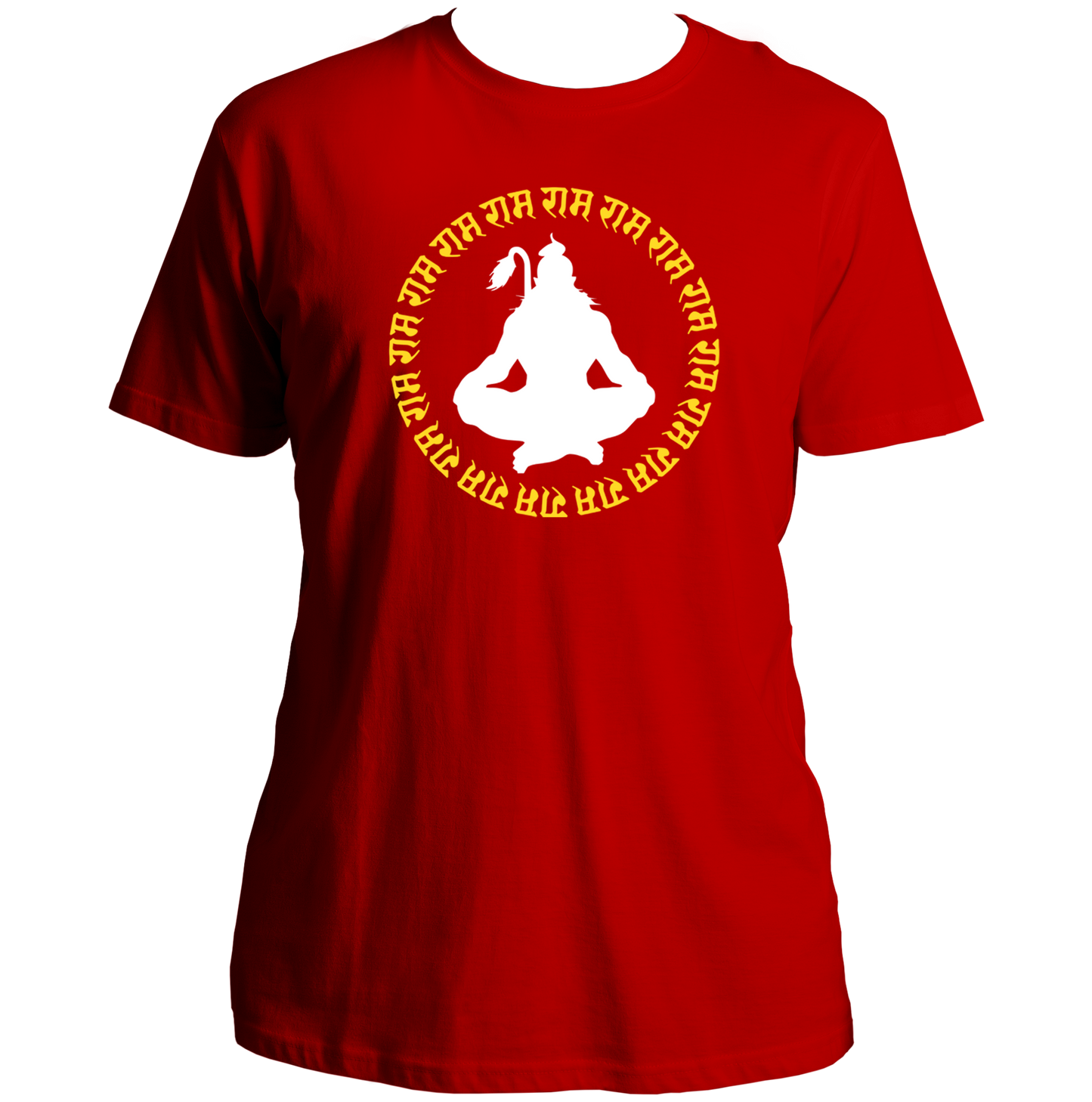 Red Shree Ram Dhun T-shirt with Hanuman Ji meditation and राम राम राम artwork by Garrari