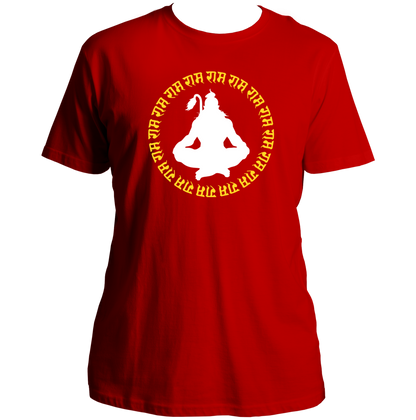 Red Shree Ram Dhun T-shirt with Hanuman Ji meditation and राम राम राम artwork by Garrari
