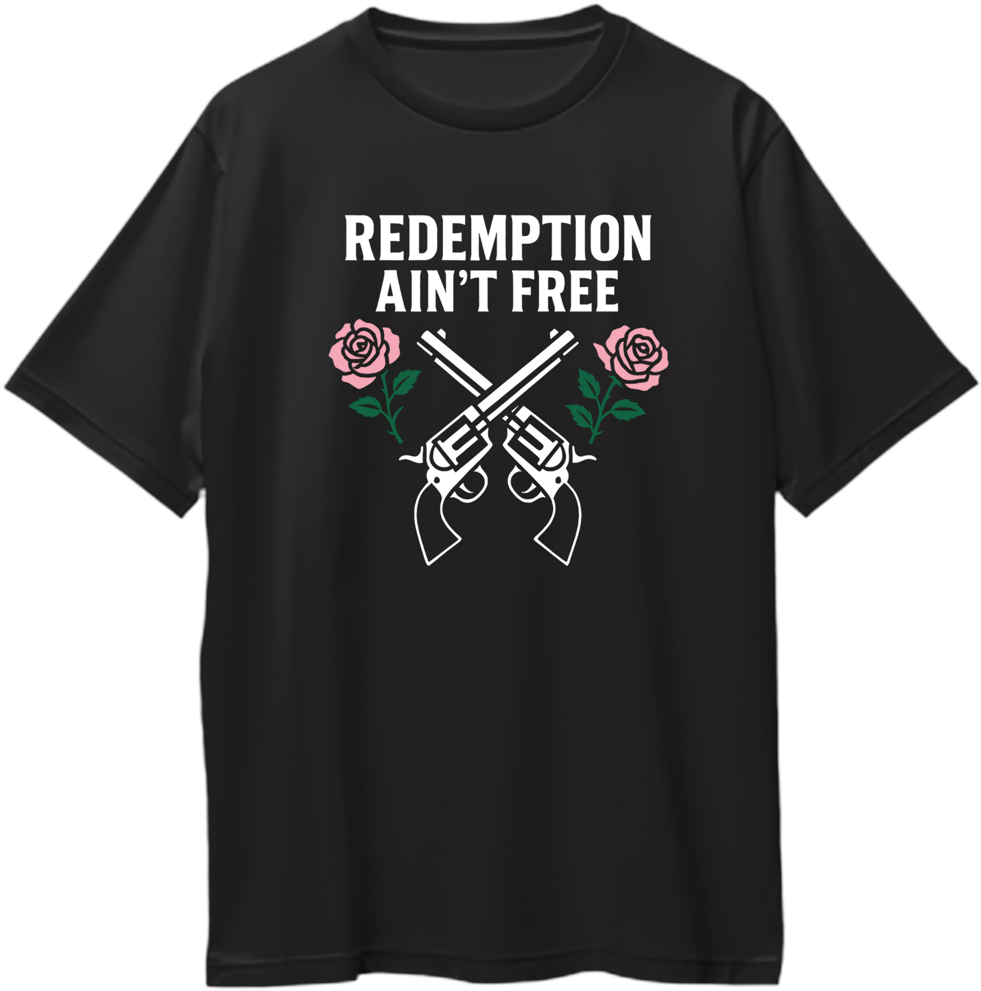 Black oversized unisex t-shirt featuring crossed revolvers and pink roses with text “Redemption Ain’t Free” inspired by Red Dead Redemption 2 – Garrari Brand.