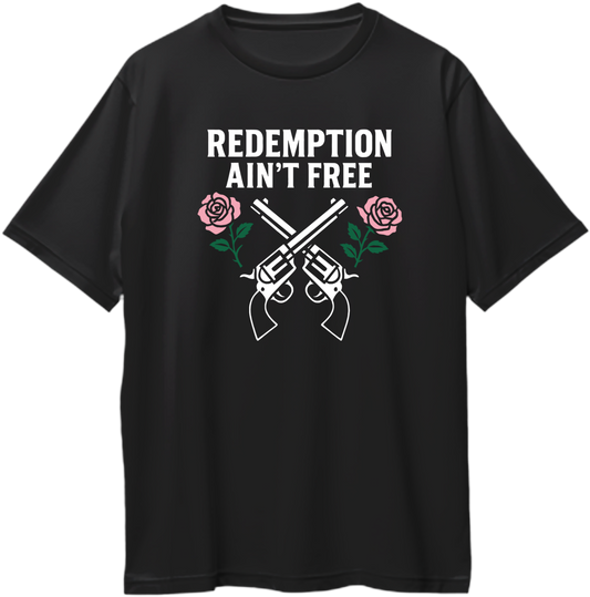 Black oversized unisex t-shirt featuring crossed revolvers and pink roses with text “Redemption Ain’t Free” inspired by Red Dead Redemption 2 – Garrari Brand.