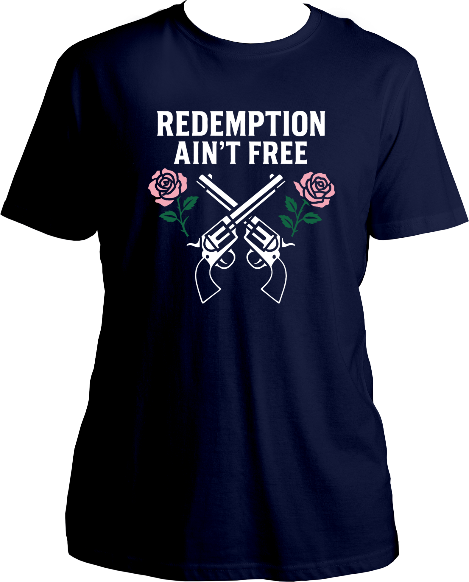 unisex t-shirt featuring crossed revolvers and roses with text “Redemption Ain’t Free” inspired by Red Dead Redemption 2 – Garrari Brand.