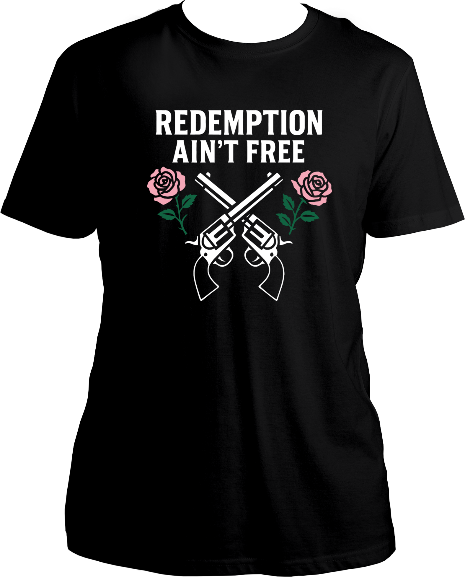 unisex t-shirt featuring crossed revolvers and roses with text “Redemption Ain’t Free” inspired by Red Dead Redemption 2 – Garrari Brand.