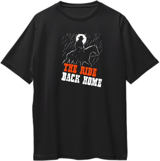 Black oversized unisex t-shirt featuring a silhouette of a cowboy on horseback in the rain with text “The Ride Back Home” inspired by Red Dead Redemption 2 – Garrari Brand.