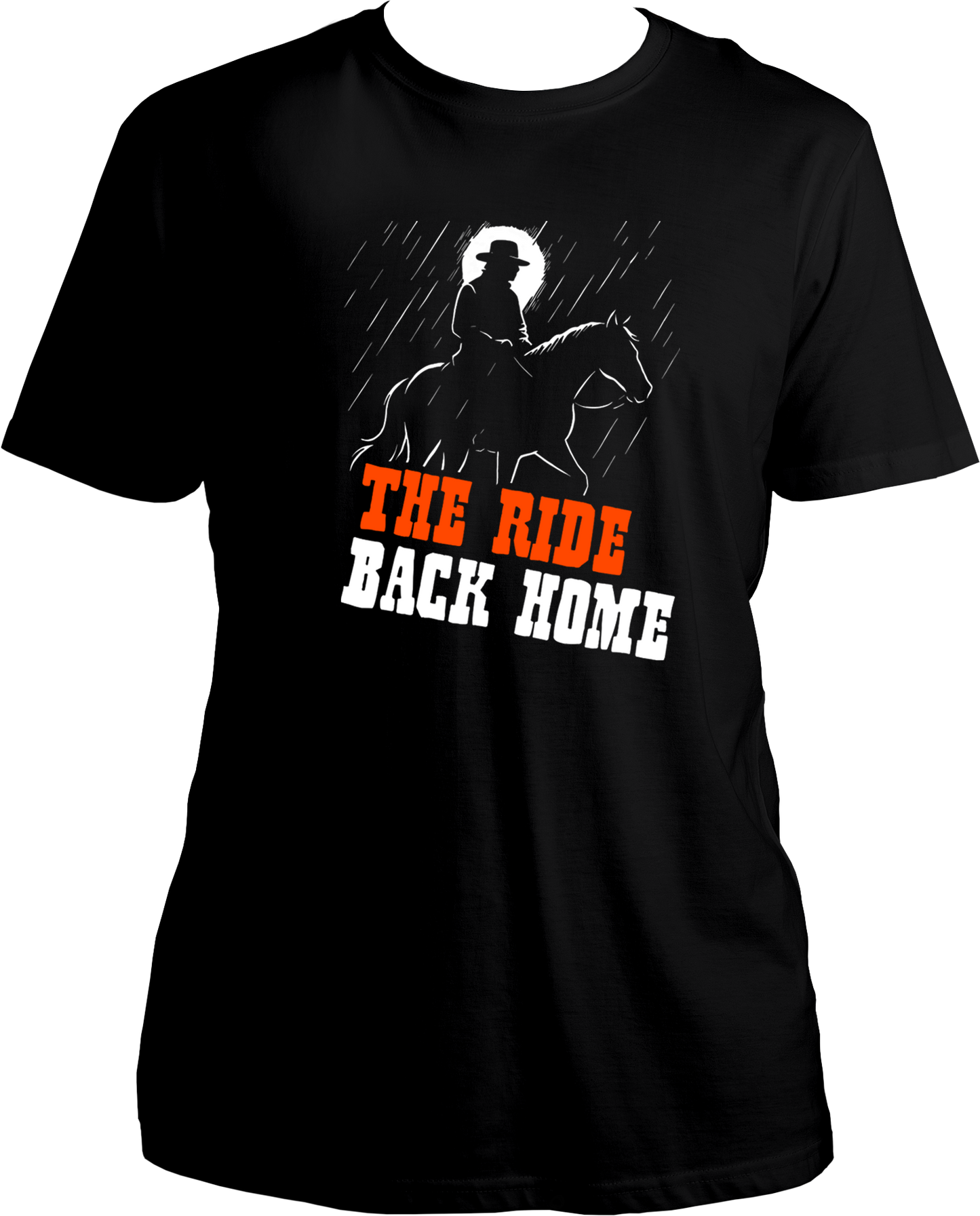 Black unisex t-shirt featuring silhouette of a cowboy riding in the rain with text “The Ride Back Home” inspired by Red Dead Redemption 2 – Garrari Brand.