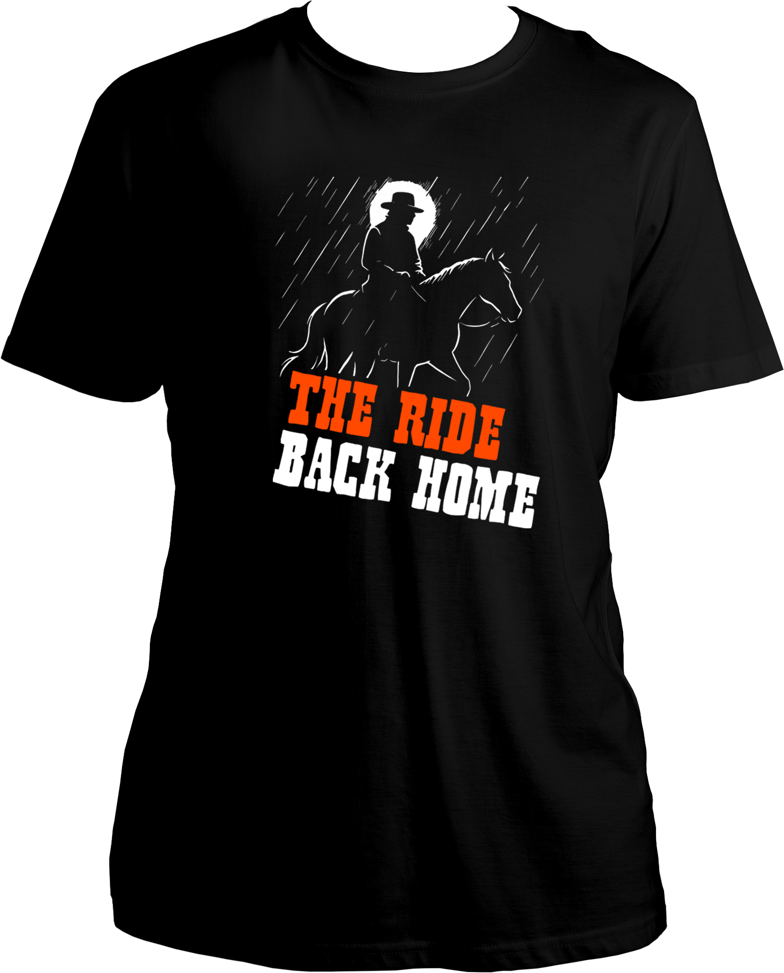 Black unisex t-shirt featuring silhouette of a cowboy riding in the rain with text “The Ride Back Home” inspired by Red Dead Redemption 2 – Garrari Brand.