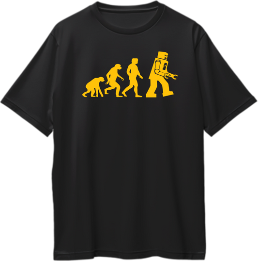 Robotic Evolution Oversized Unisex T-Shirt showing human evolution from apes to robots, inspired by Sheldon Cooper’s style from The Big Bang Theory.