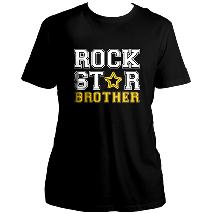 Black Rock Star Brother Unisex T-Shirt by Garrari with white and yellow varsity graphic print