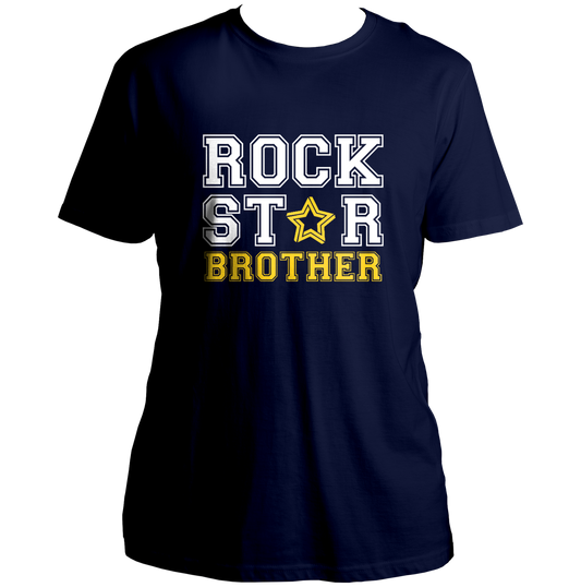 Navy Blue Rock Star Brother Unisex T-Shirt by Garrari with white and yellow varsity graphic print