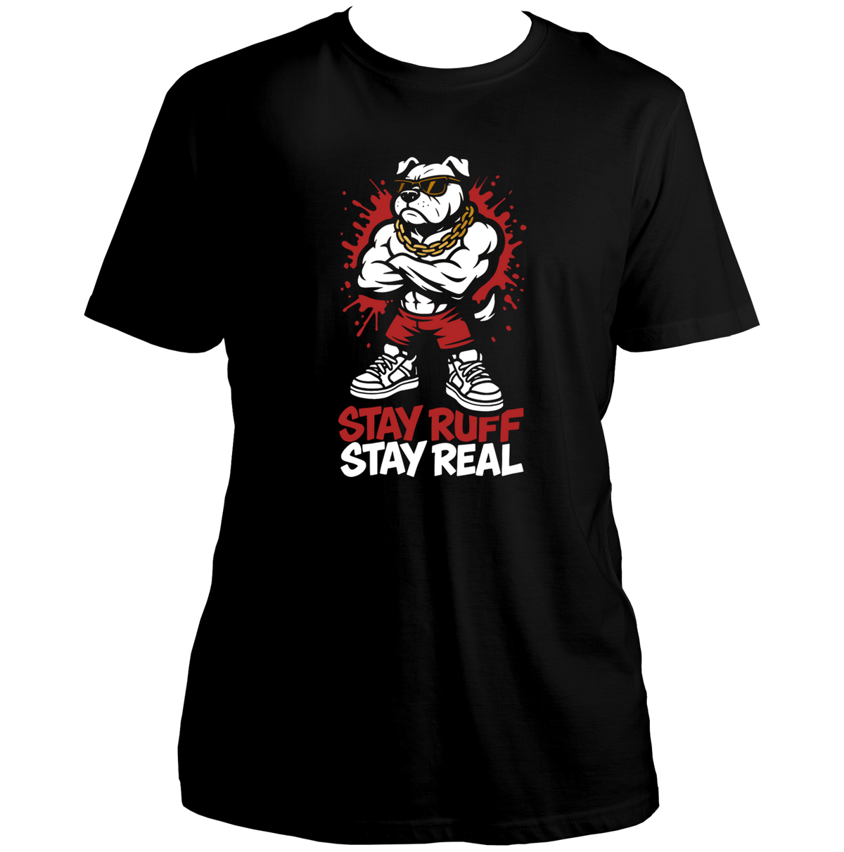 Stay Ruff Stay Real Unisex T-Shirt by Garrari with hip-hop bulldog, golden chain and sunglasses graphic