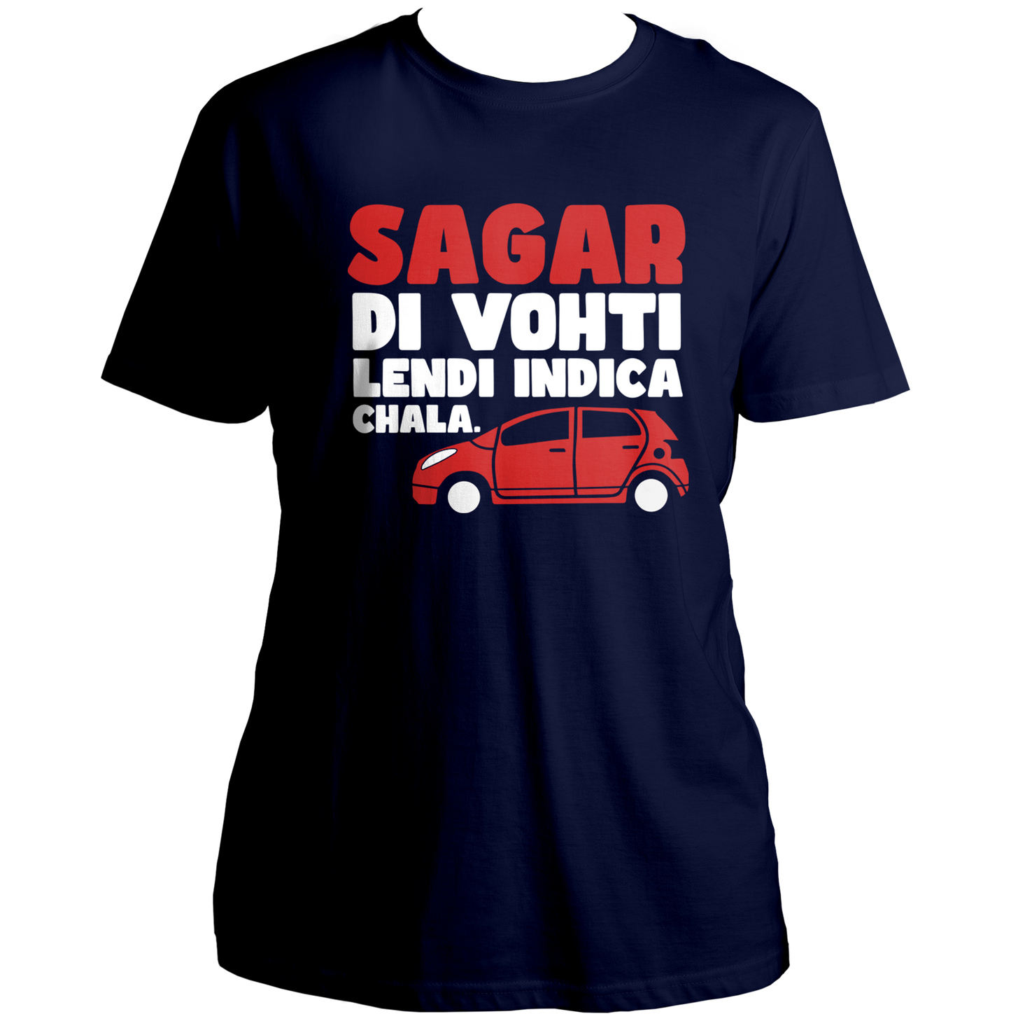 Navy Blue Sagar Di Vohti Unisex T-Shirt with Punjabi meme typography and red car graphic