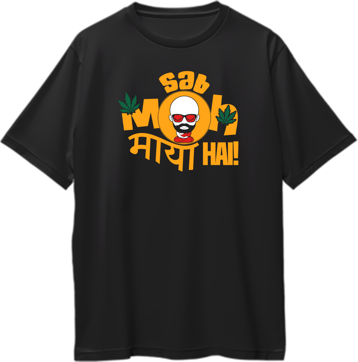 Sab Moh Maya Hai Oversized T-Shirt with colourful Hindi quote and quirky character graphic on black