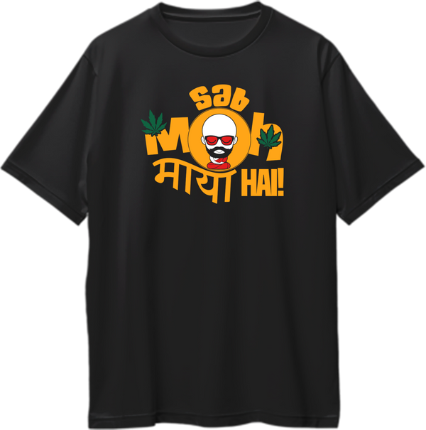 Sab Moh Maya Hai Oversized T-Shirt with colourful Hindi quote and quirky character graphic on black