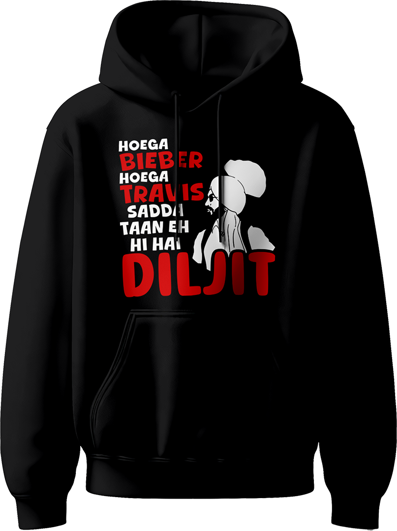 Sadda Diljit Dosanjh Unisex Hoodie featuring bold "Sadda Diljit" print, inspired by Diljit Dosanjh’s Dil-Luminati Tour 2024 and Coachella performance.