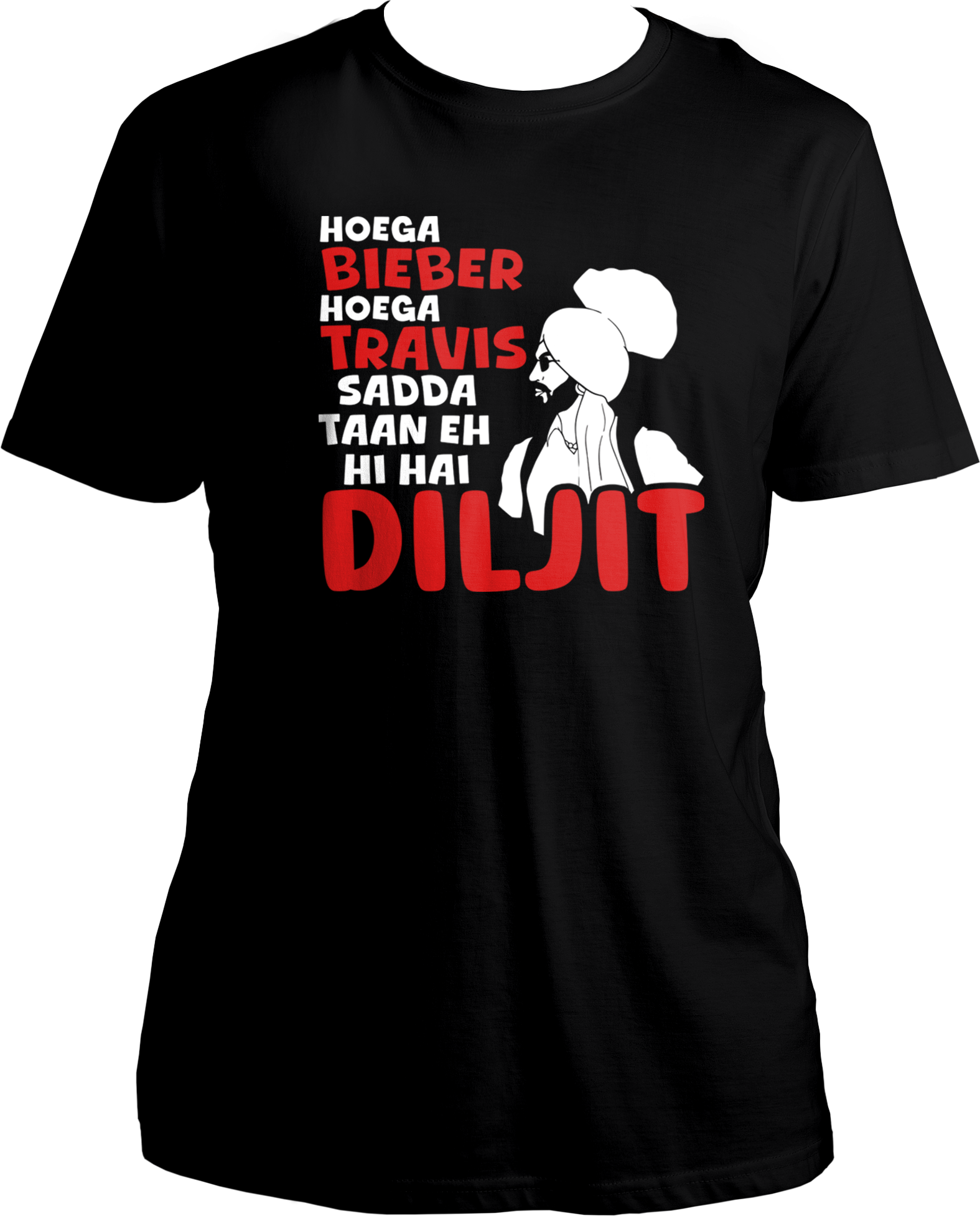 Step into the world of Diljit Dosanjh fandom with our specially designed T-shirt that's bound to steal hearts! 🌟<br data-mce-fragment="1"><br data-mce-fragment="1">"Hoega Bieber Hoega Travis, Sadda Taan Eh Hi Hai Diljit" -&nbsp; Translated, it means "While there may be Bieber and Travis, for us, there's only Diljit." It's a testament to his immense fan following and the love he receives worldwide.
