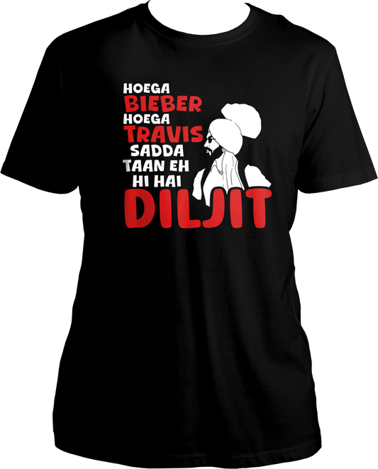 Step into the world of Diljit Dosanjh fandom with our specially designed T-shirt that's bound to steal hearts! 🌟<br data-mce-fragment="1"><br data-mce-fragment="1">"Hoega Bieber Hoega Travis, Sadda Taan Eh Hi Hai Diljit" -&nbsp; Translated, it means "While there may be Bieber and Travis, for us, there's only Diljit." It's a testament to his immense fan following and the love he receives worldwide.