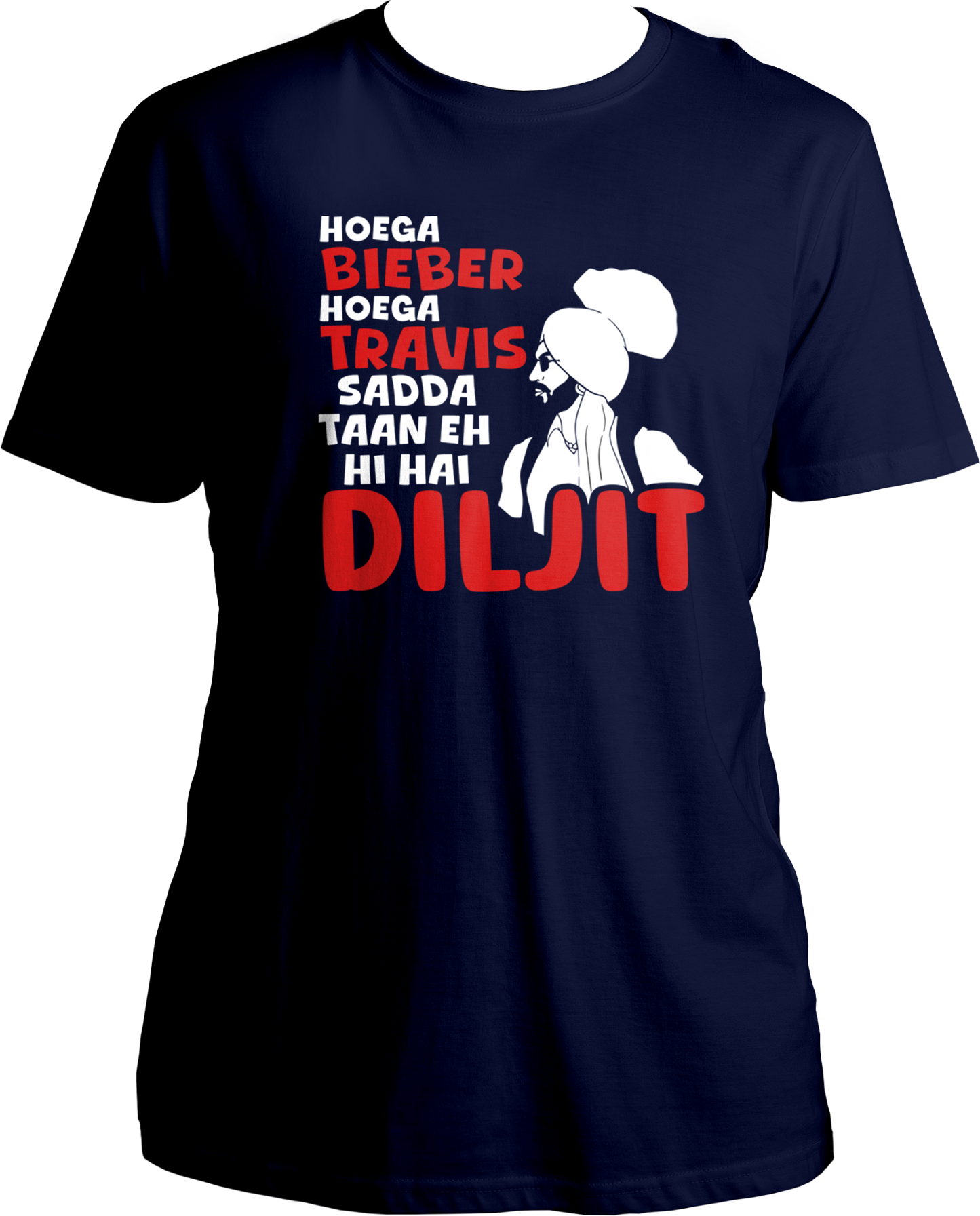 Step into the world of Diljit Dosanjh fandom with our specially designed T-shirt that's bound to steal hearts! 🌟<br data-mce-fragment="1"><br data-mce-fragment="1">"Hoega Bieber Hoega Travis, Sadda Taan Eh Hi Hai Diljit" -&nbsp; Translated, it means "While there may be Bieber and Travis, for us, there's only Diljit." It's a testament to his immense fan following and the love he receives worldwide.