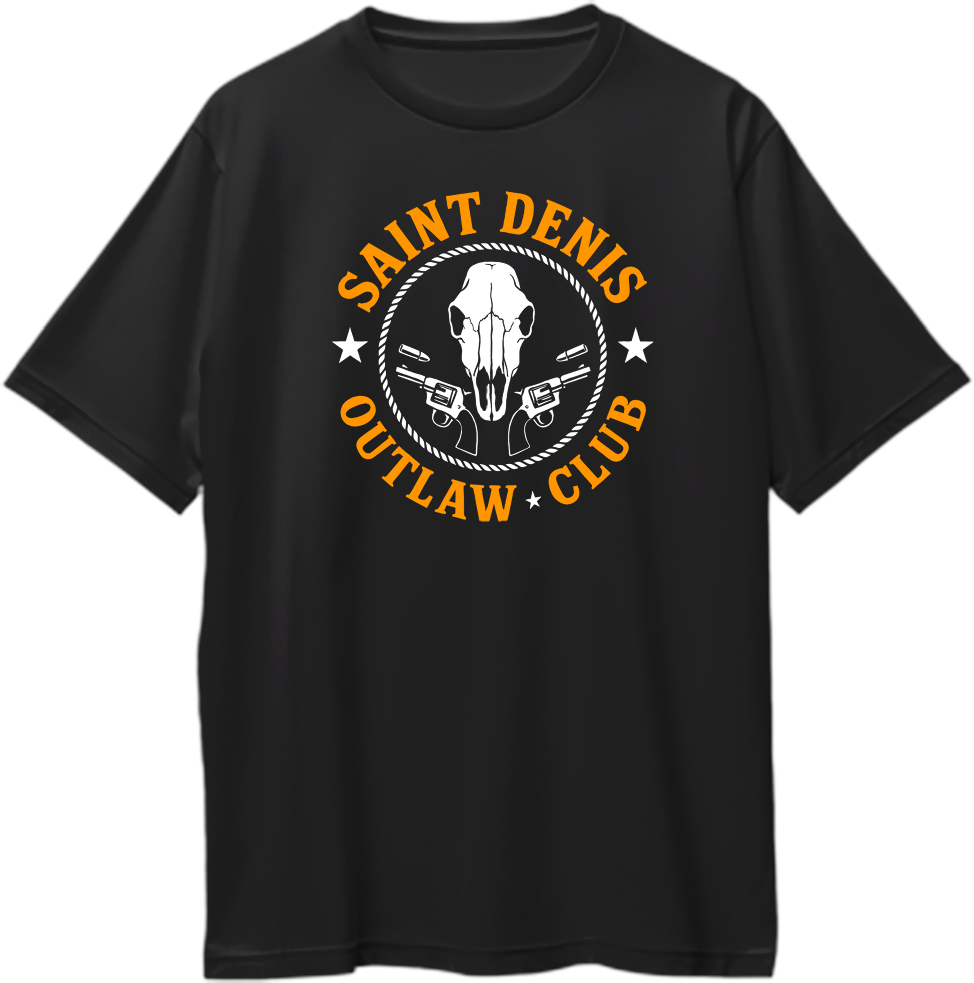Black oversized unisex t-shirt featuring skull and revolver emblem with “Saint Denis Outlaw Club” text inspired by Red Dead Redemption 2 – Garrari Brand.