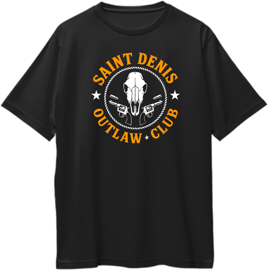 Black oversized unisex t-shirt featuring skull and revolver emblem with “Saint Denis Outlaw Club” text inspired by Red Dead Redemption 2 – Garrari Brand.