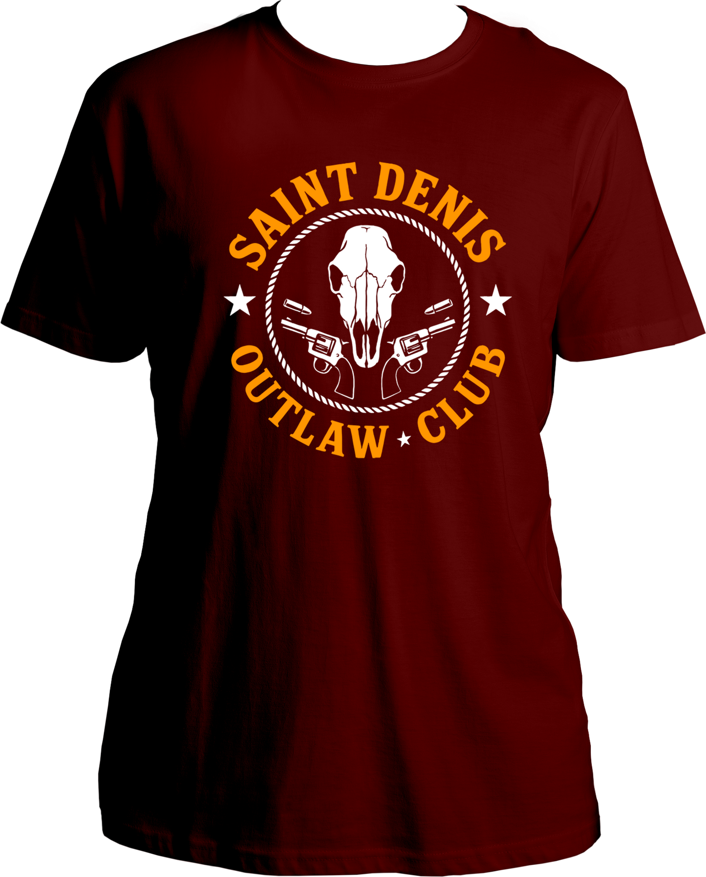 unisex t-shirt featuring skull and revolver “Saint Denis Outlaw Club” western emblem inspired by Red Dead Redemption 2 – Garrari Brand.