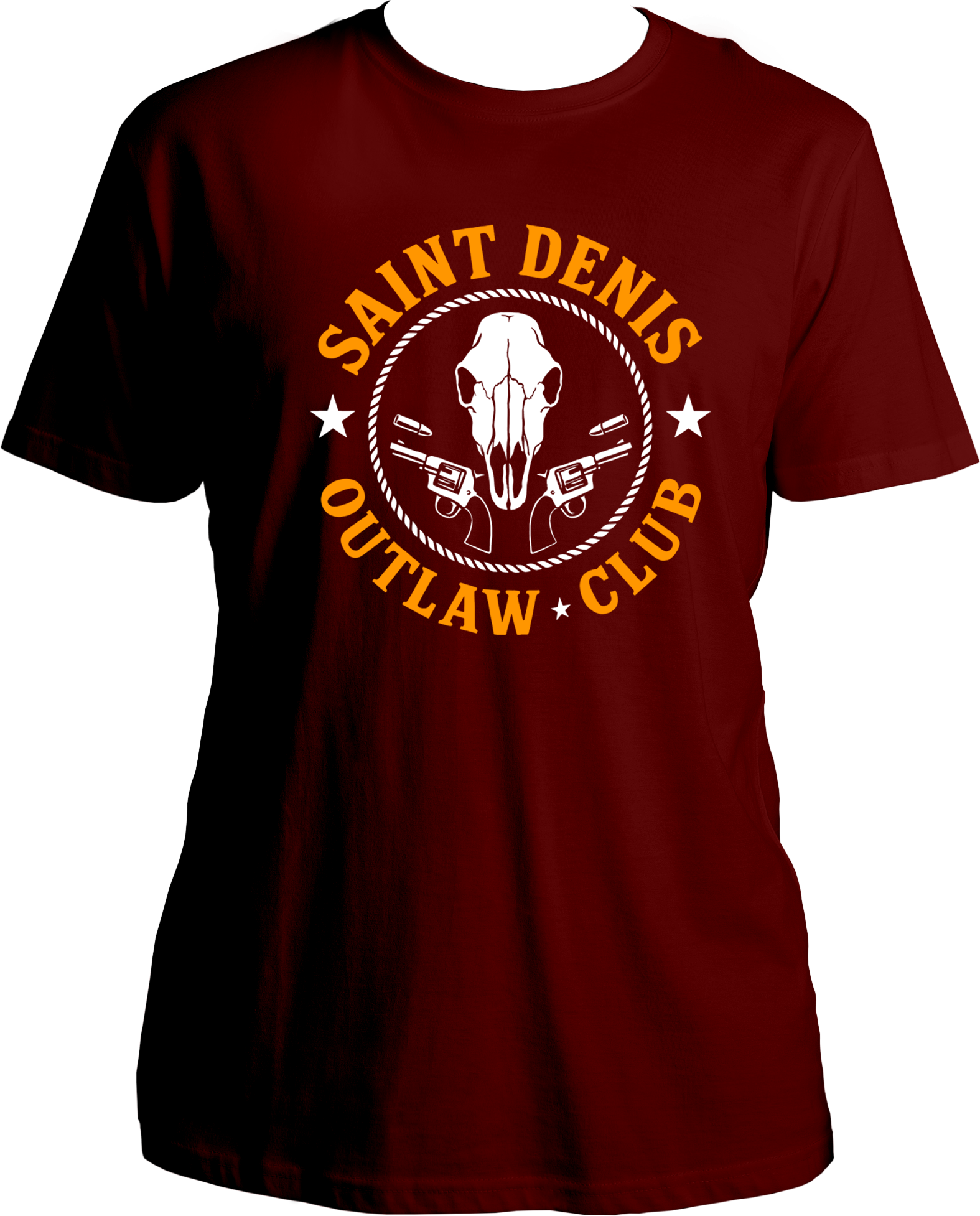 unisex t-shirt featuring skull and revolver “Saint Denis Outlaw Club” western emblem inspired by Red Dead Redemption 2 – Garrari Brand.
