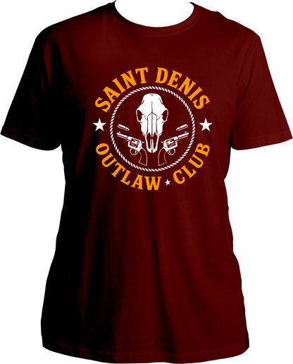 unisex t-shirt featuring skull and revolver “Saint Denis Outlaw Club” western emblem inspired by Red Dead Redemption 2 – Garrari Brand.