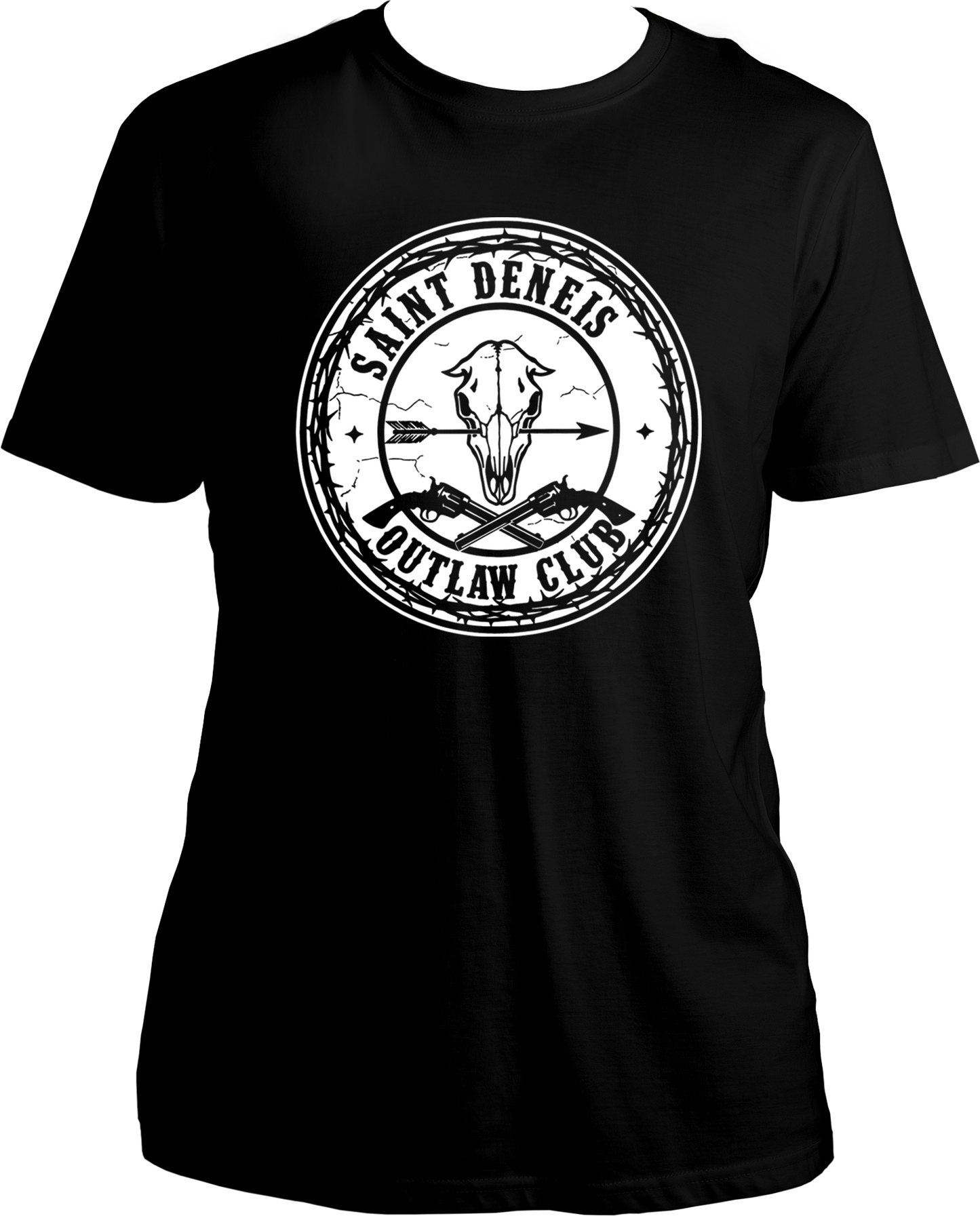 Black unisex t-shirt featuring skull and revolvers inside a barbed wire circle with “Saint Denis Outlaw Club” text inspired by Red Dead Redemption 2 – Garrari Brand.