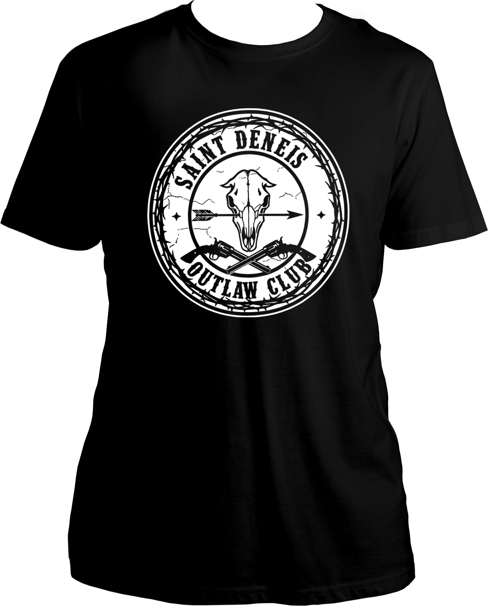 Black unisex t-shirt featuring skull and revolvers inside a barbed wire circle with “Saint Denis Outlaw Club” text inspired by Red Dead Redemption 2 – Garrari Brand.