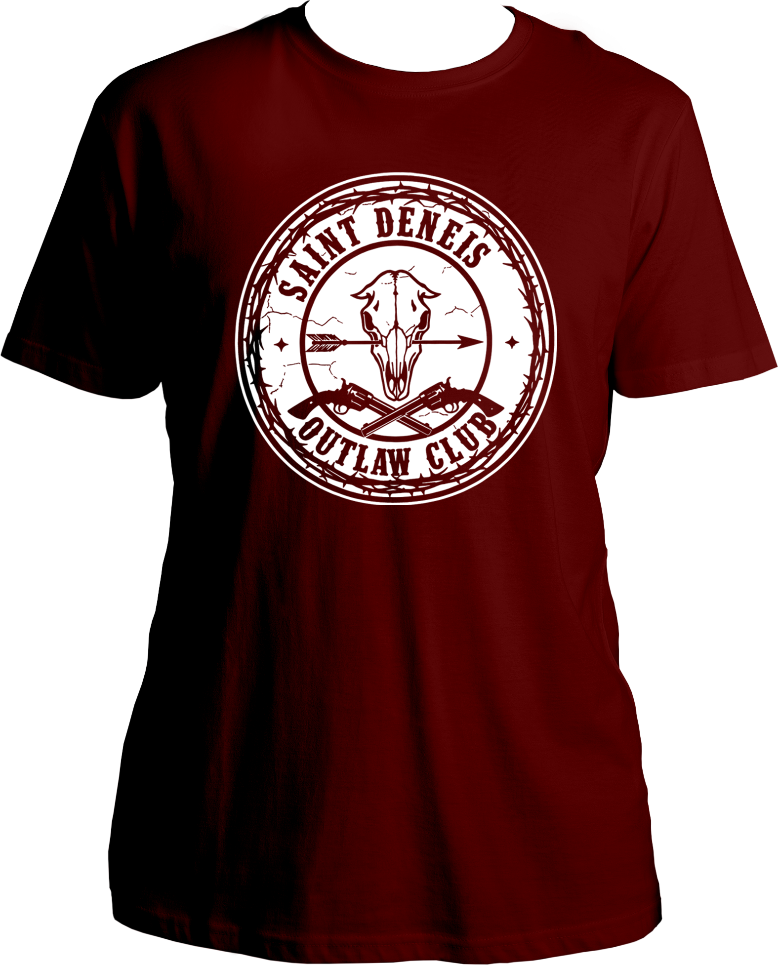 Black unisex t-shirt featuring skull and revolvers inside a barbed wire circle with “Saint Denis Outlaw Club” text inspired by Red Dead Redemption 2 – Garrari Brand.