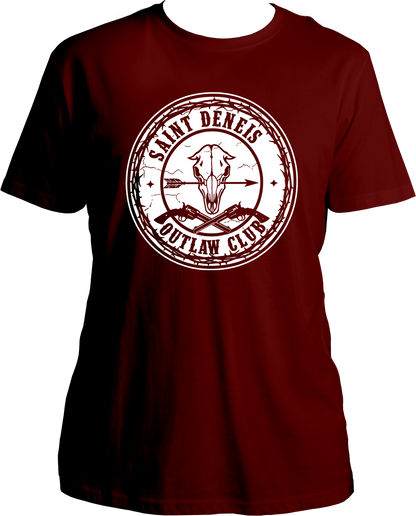 Black unisex t-shirt featuring skull and revolvers inside a barbed wire circle with “Saint Denis Outlaw Club” text inspired by Red Dead Redemption 2 – Garrari Brand.