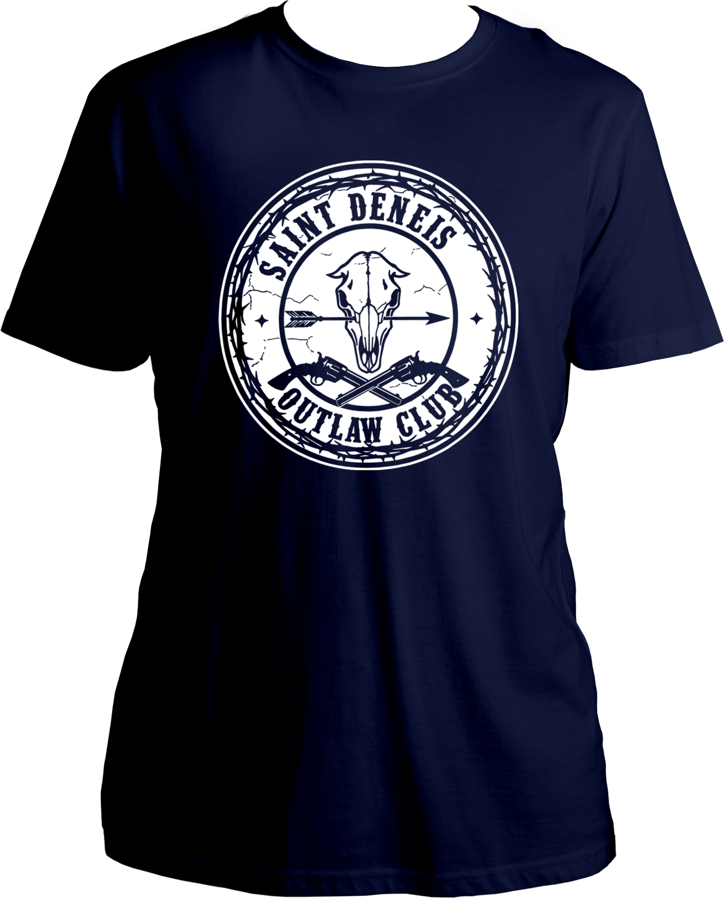 Black unisex t-shirt featuring skull and revolvers inside a barbed wire circle with “Saint Denis Outlaw Club” text inspired by Red Dead Redemption 2 – Garrari Brand.