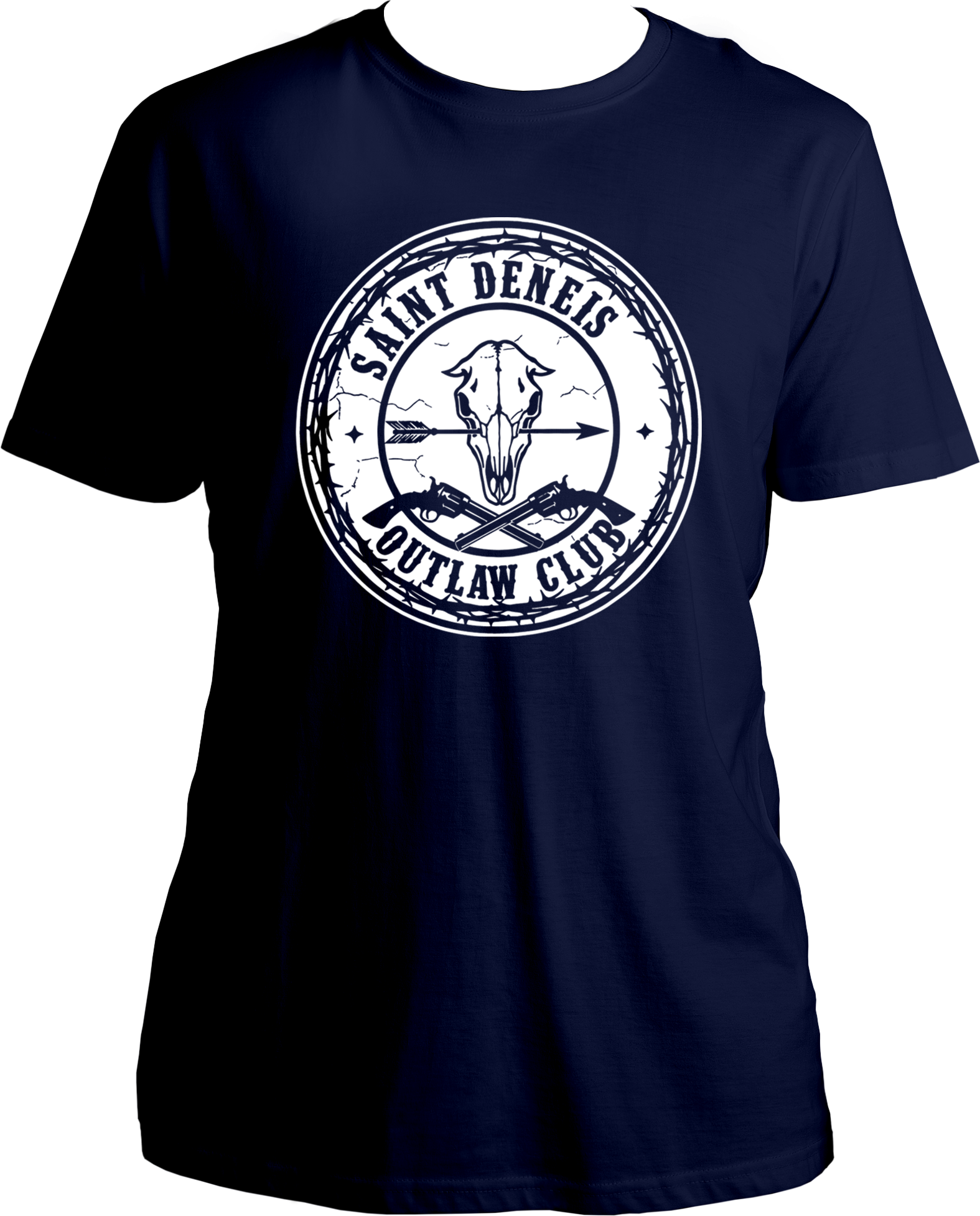 Black unisex t-shirt featuring skull and revolvers inside a barbed wire circle with “Saint Denis Outlaw Club” text inspired by Red Dead Redemption 2 – Garrari Brand.