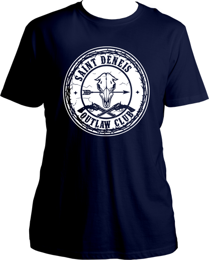 Black unisex t-shirt featuring skull and revolvers inside a barbed wire circle with “Saint Denis Outlaw Club” text inspired by Red Dead Redemption 2 – Garrari Brand.