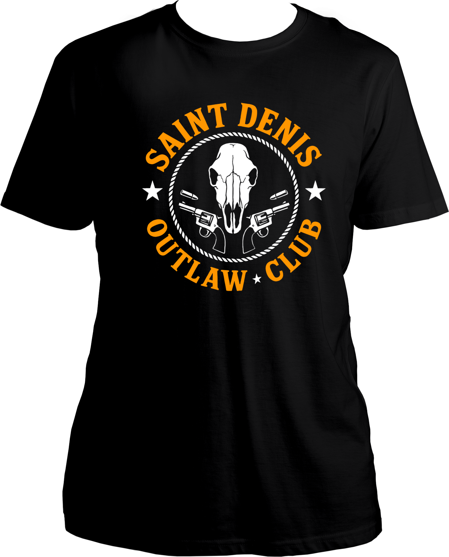 unisex t-shirt featuring skull and revolver “Saint Denis Outlaw Club” western emblem inspired by Red Dead Redemption 2 – Garrari Brand.