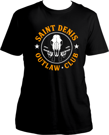 unisex t-shirt featuring skull and revolver “Saint Denis Outlaw Club” western emblem inspired by Red Dead Redemption 2 – Garrari Brand.