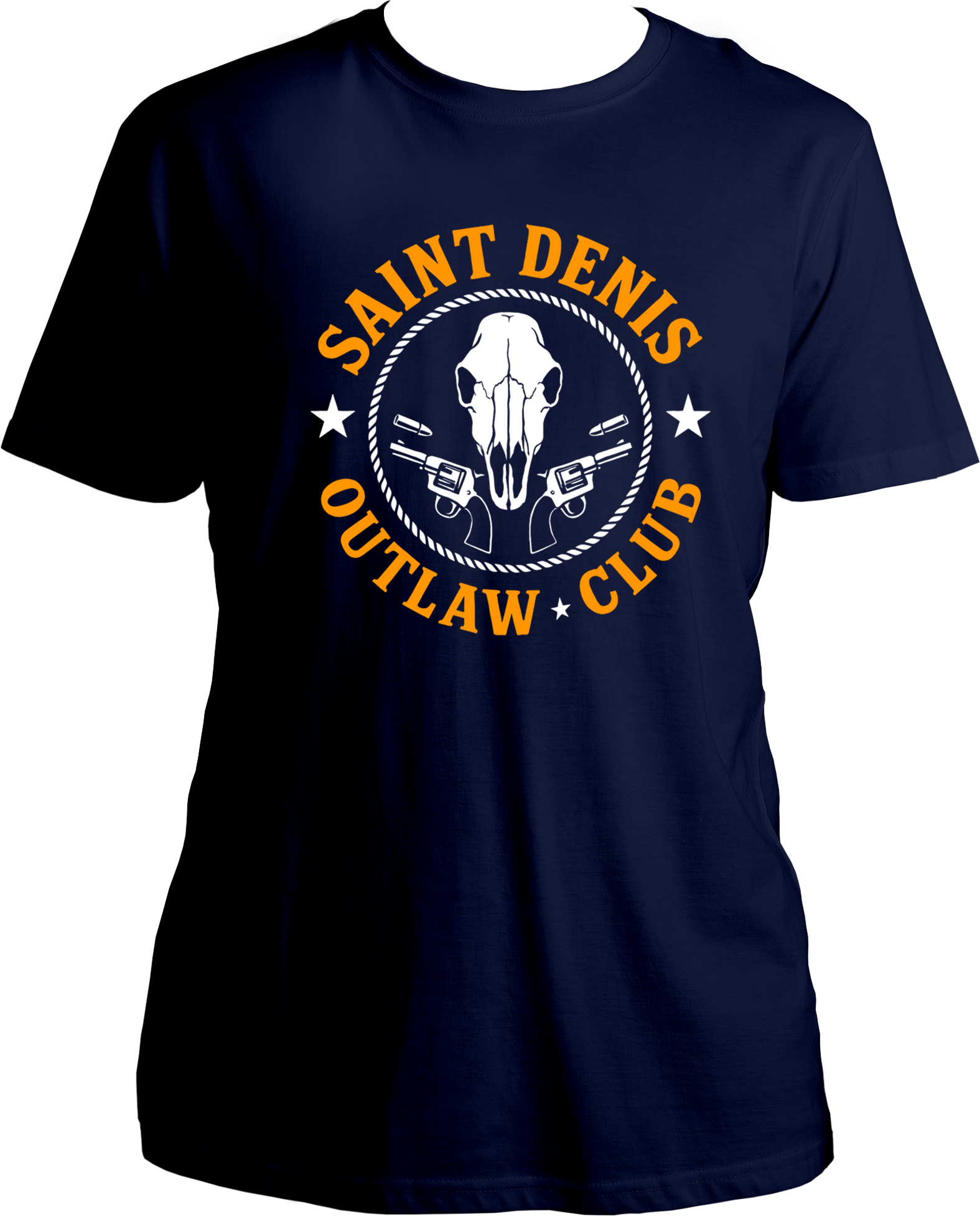 unisex t-shirt featuring skull and revolver “Saint Denis Outlaw Club” western emblem inspired by Red Dead Redemption 2 – Garrari Brand.
