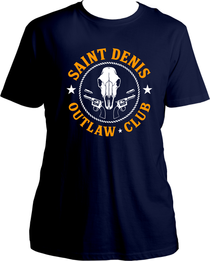 unisex t-shirt featuring skull and revolver “Saint Denis Outlaw Club” western emblem inspired by Red Dead Redemption 2 – Garrari Brand.