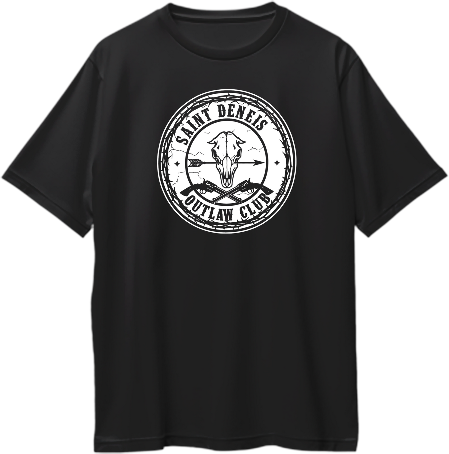 Black oversized unisex t-shirt featuring barbed wire emblem with skull and revolvers, text “Saint Denis Outlaw Club” inspired by Red Dead Redemption 2 – Garrari Brand.