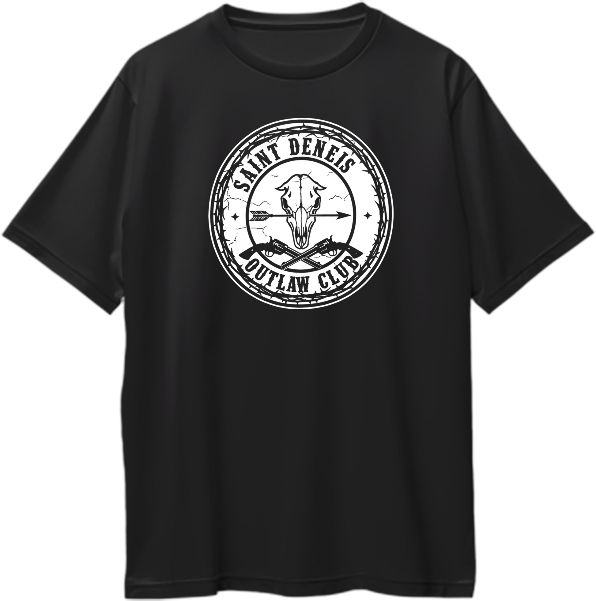 Black oversized unisex t-shirt featuring barbed wire emblem with skull and revolvers, text “Saint Denis Outlaw Club” inspired by Red Dead Redemption 2 – Garrari Brand.