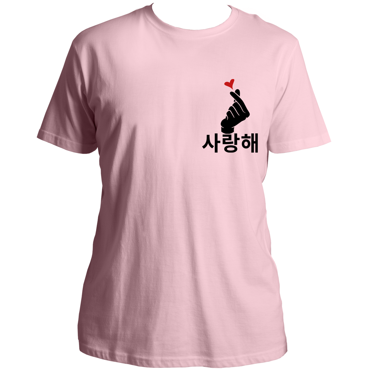 Baby Pink Saranghae Finger Heart Unisex T-Shirt with black Hangul and red heart chest print