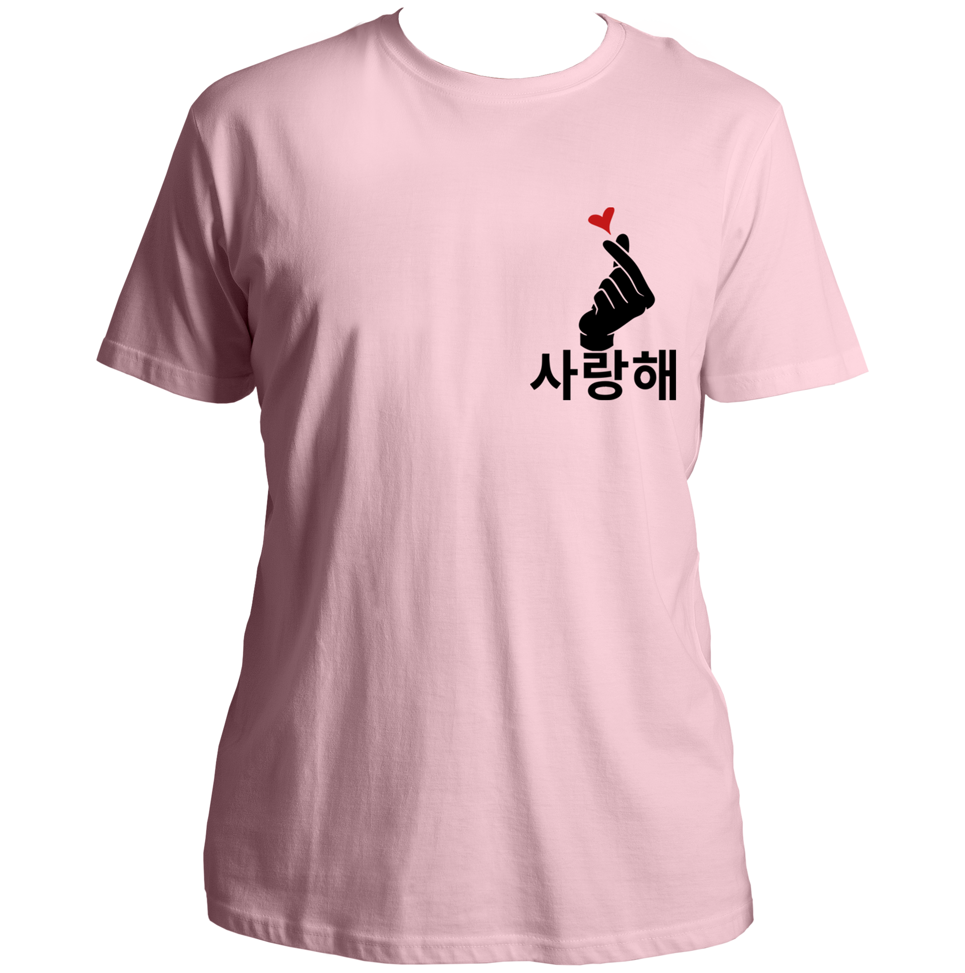 Baby Pink Saranghae Finger Heart Unisex T-Shirt with black Hangul and red heart chest print