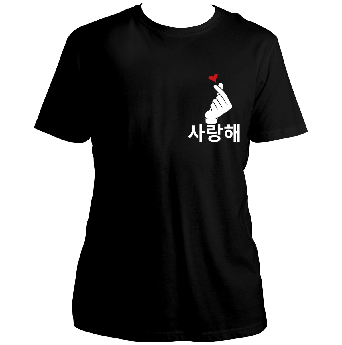 Black Saranghae Finger Heart Unisex T-Shirt with Korean Hangul and finger-heart chest graphic